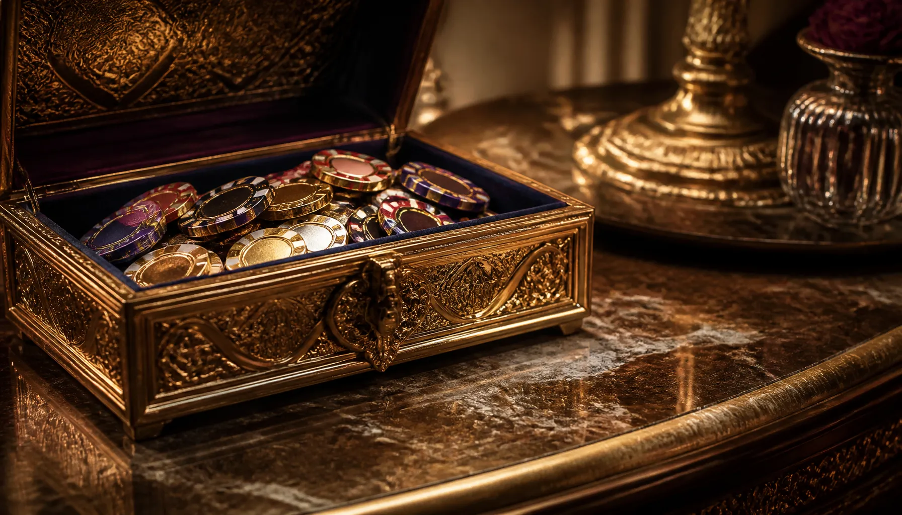 A gleaming golden spinning top rests on a dark marble surface, bathed in warm cinematic light with bokeh highlights