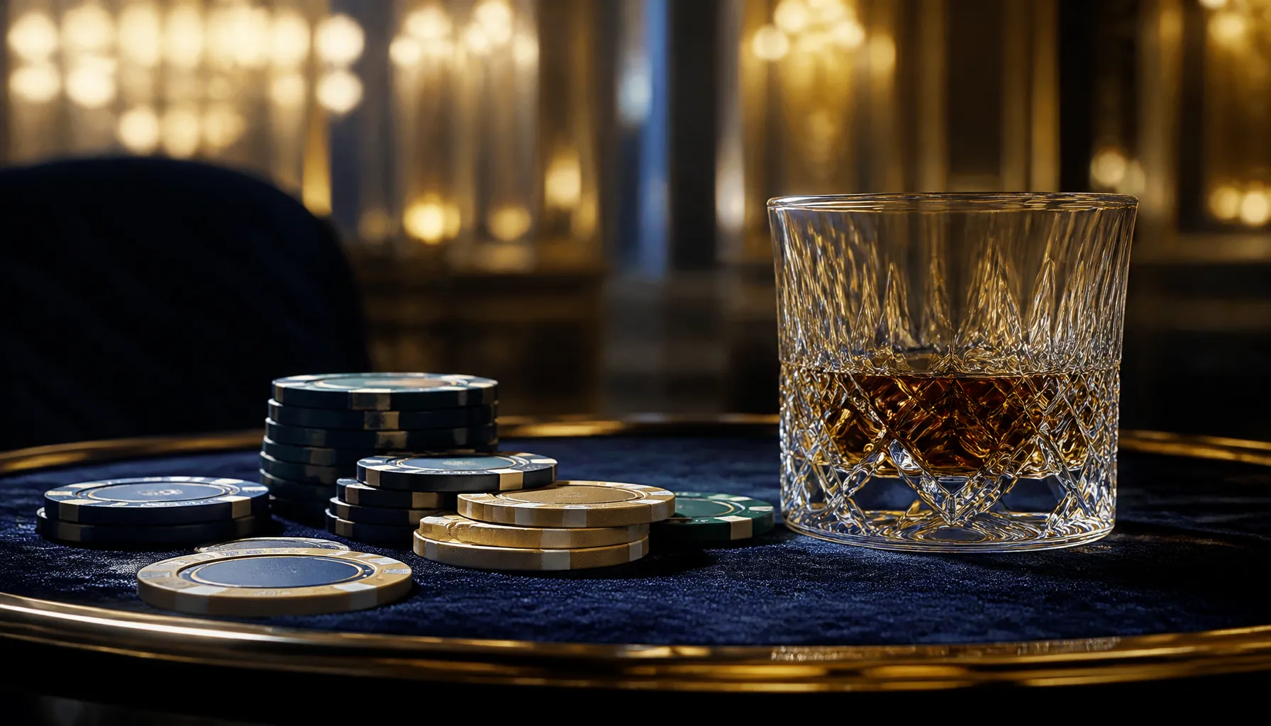 A gleaming golden spinning top rests on a dark marble surface, bathed in warm cinematic light with bokeh highlights